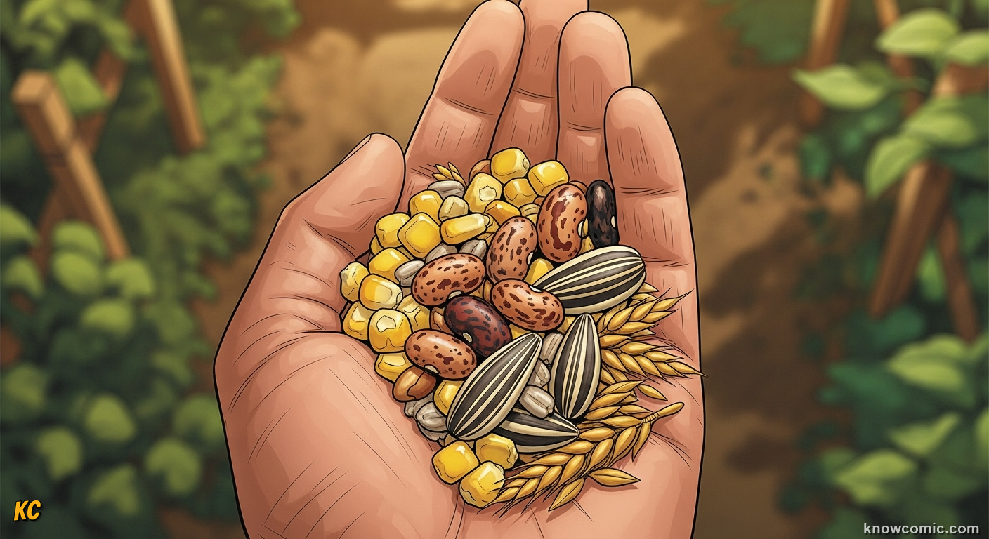 Comic illustration of a seed cross-section showing its layers and stored life energy