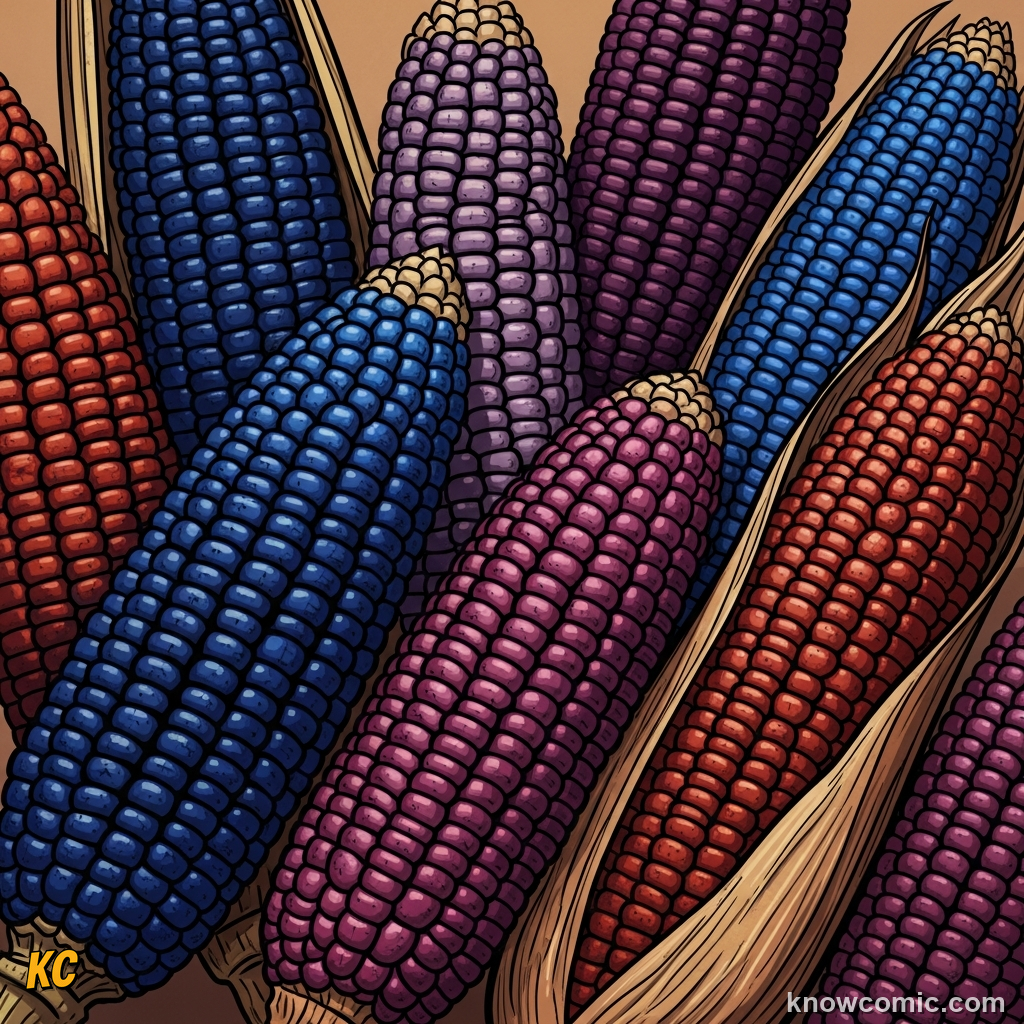Vibrant comic illustration showing many colorful corn varieties from around the world