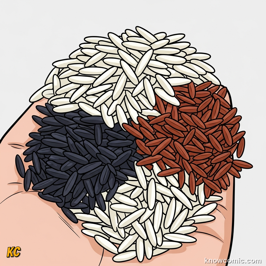 Comic illustration of diverse rice varieties and paddy fields representing rice heritage