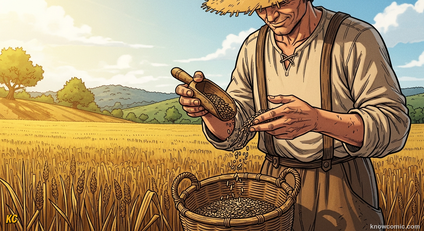 Comic illustration of ancient farmers carefully selecting and saving seeds from their crops
