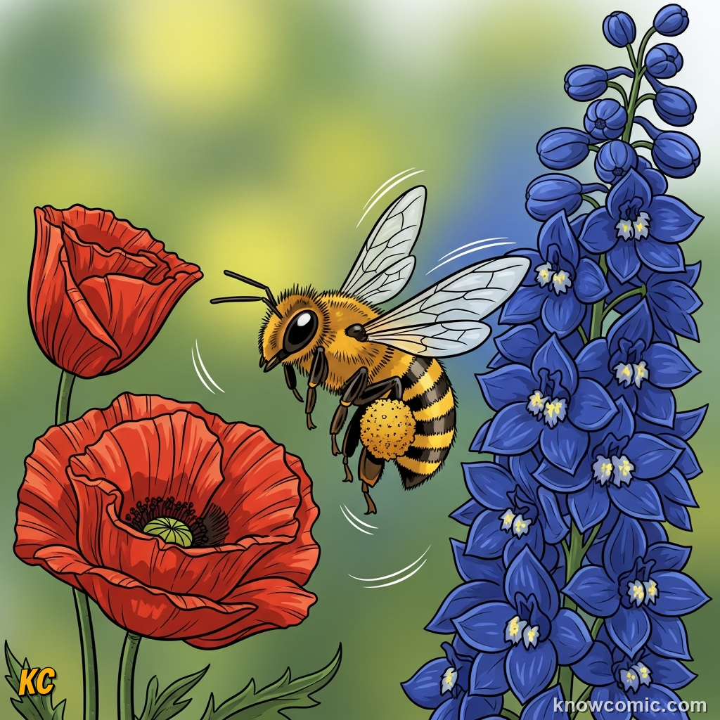 Comic illustration of pollen transferring between flowers during crop cross-pollination