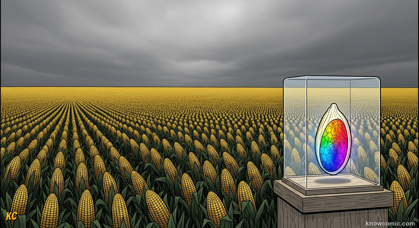 Comic illustration of vast monoculture fields stretching to the horizon with a single crop
