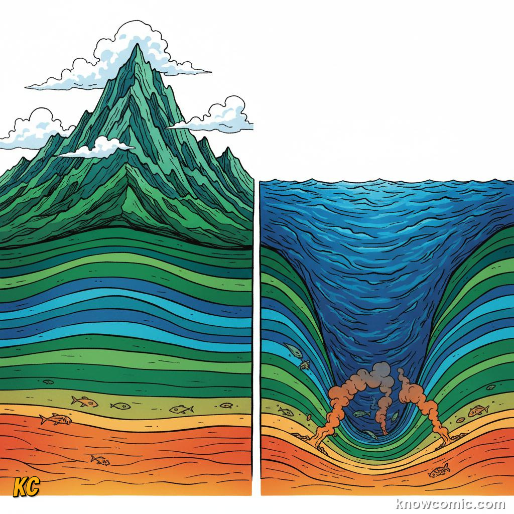 Comparison of thin oceanic crust and thicker continental crust thicknesses