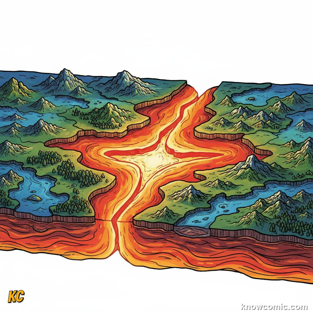 Tectonic plates riding on top of the moving mantle below