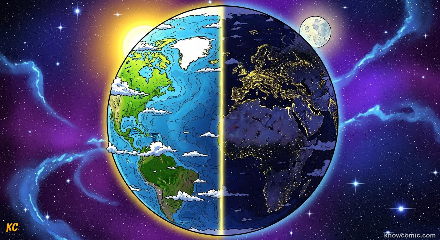 Earth spinning eastward on its axis showing the cycle of day and night