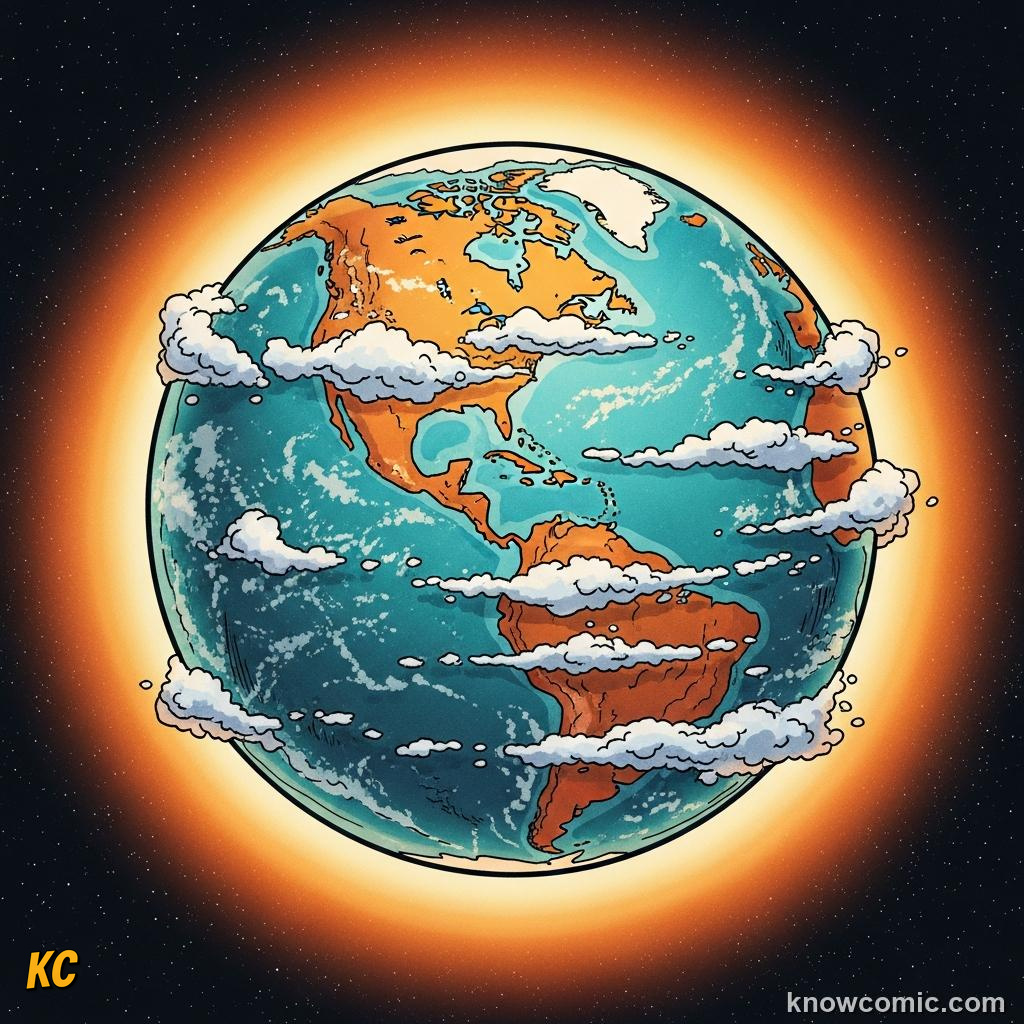 Earth radiating infrared heat upward with water vapour trapping warmth