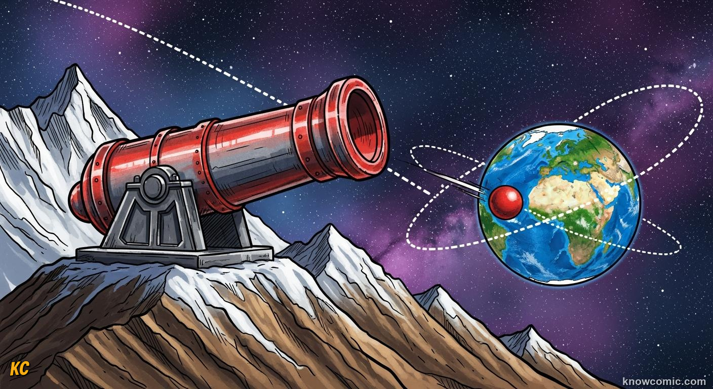 Newtons cannonball thought experiment showing orbital free fall around Earth