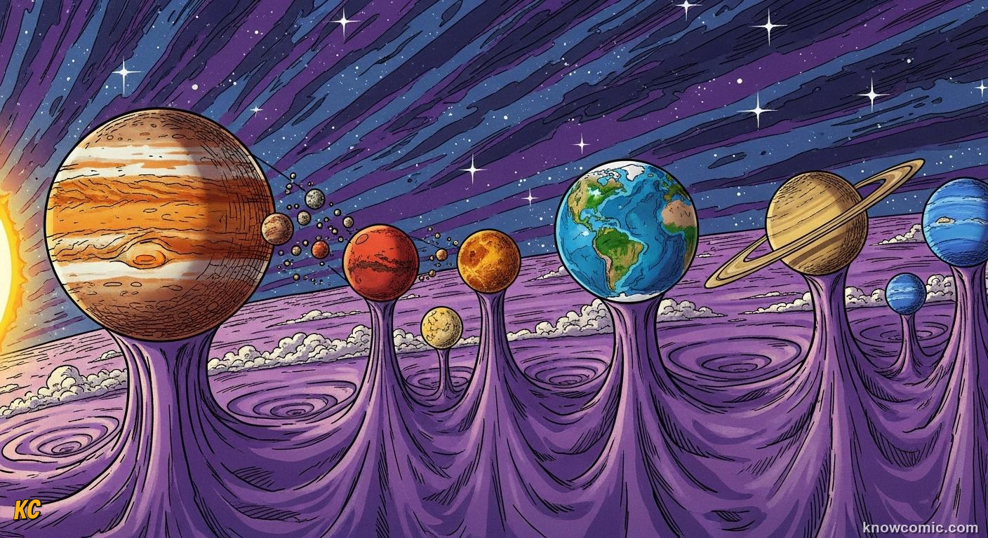 Solar system gravity holding planets orbiting Sun with Jupiter and moons