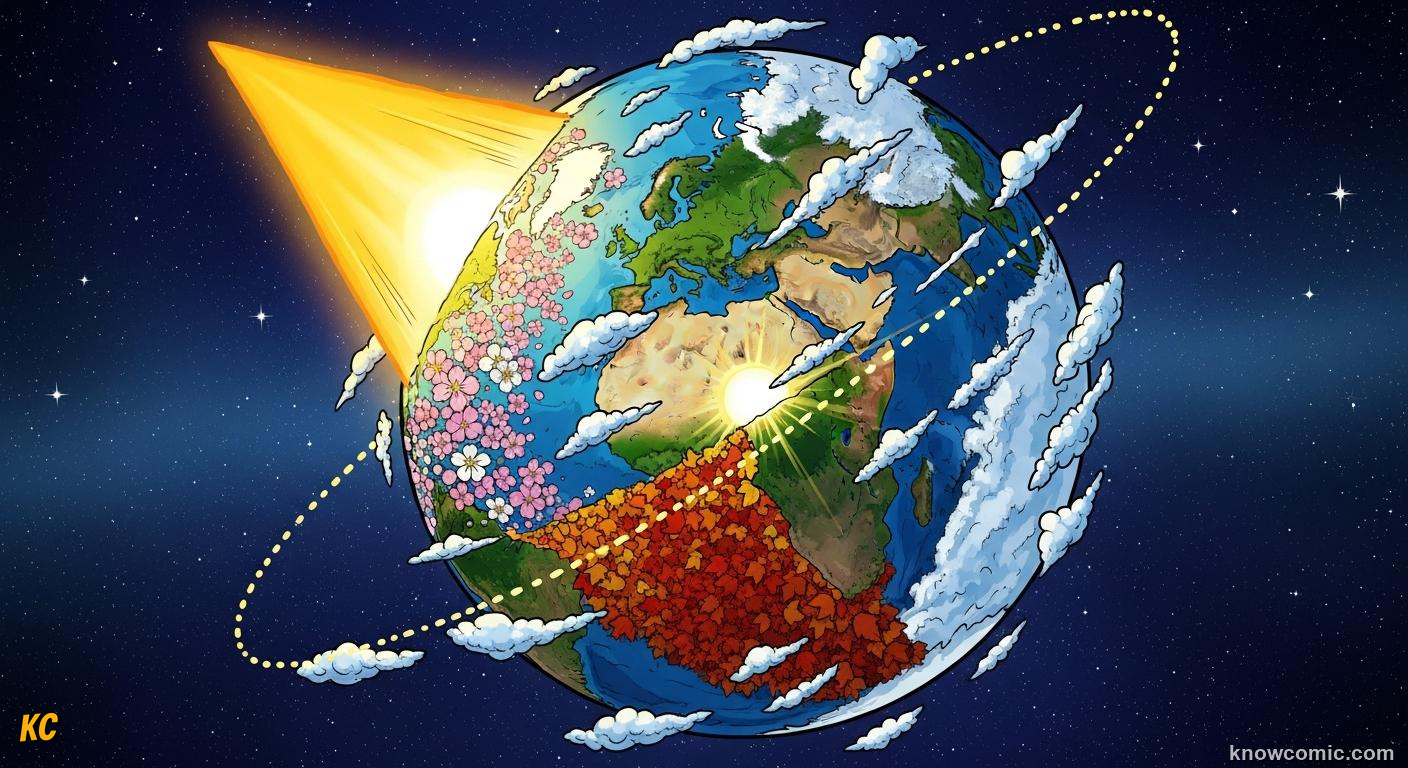 Earth with 23.5 degree axial tilt orbiting the Sun creating the four seasons