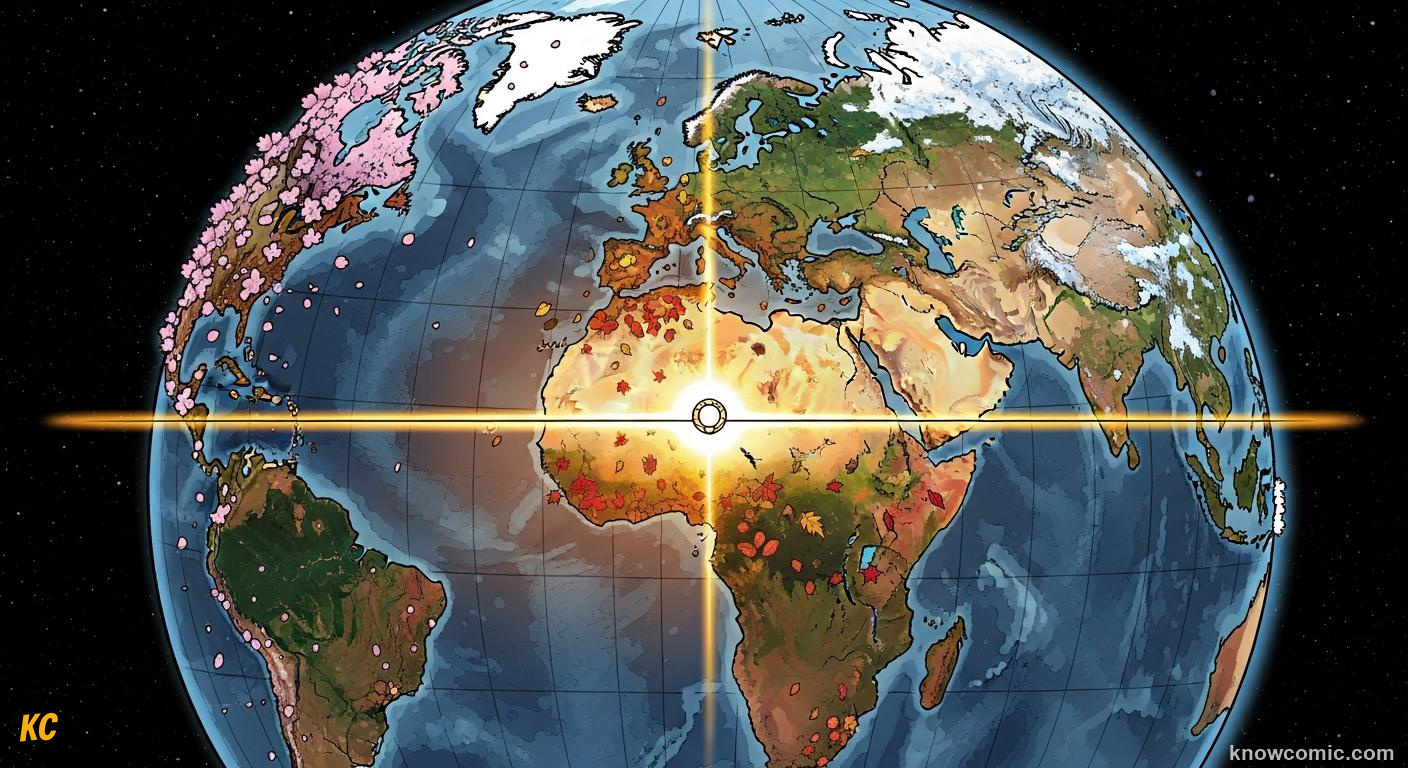Equinox terminator line sweeping equally from pole to pole across Earth