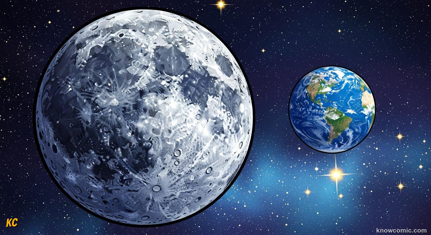 Moon as cold airless rocky satellite orbiting close to the Earth