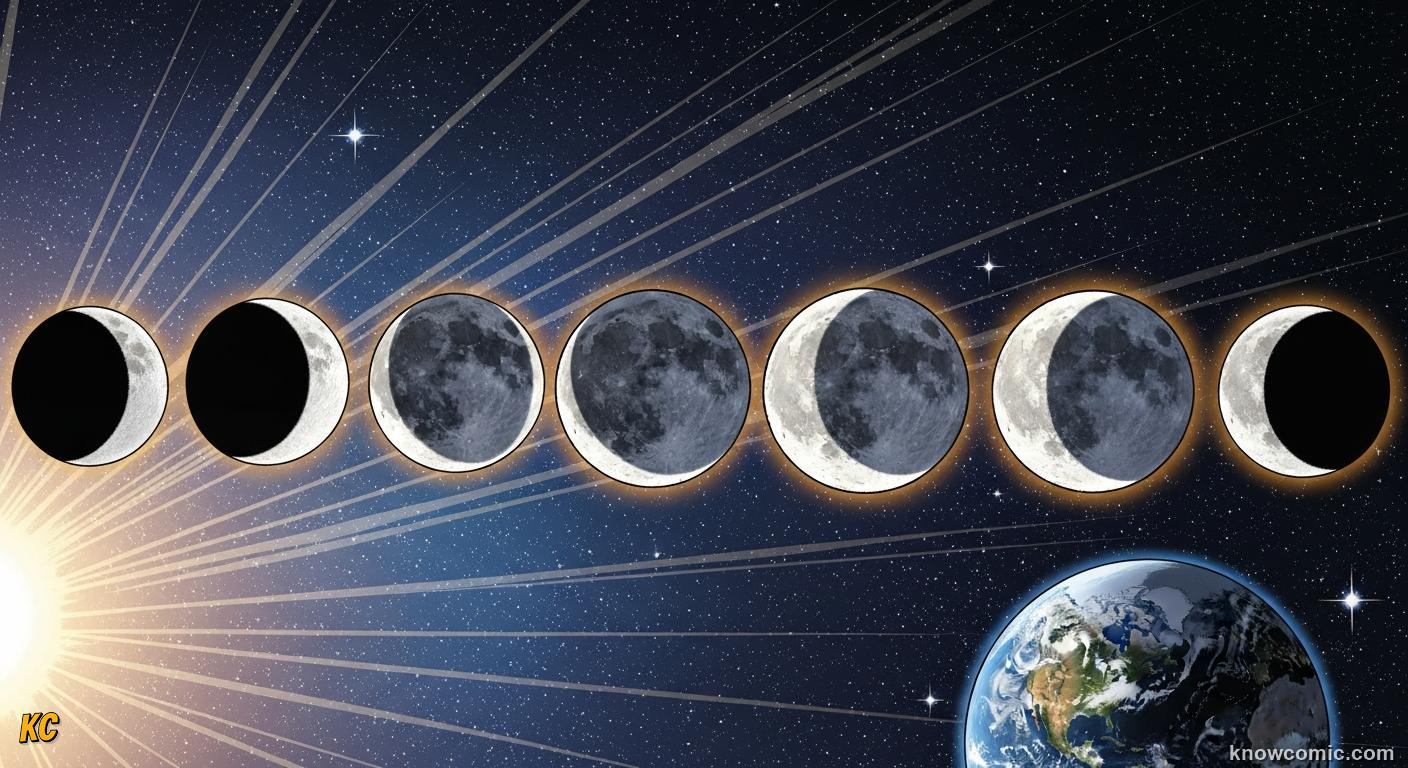 Moon phases shown as geometry of sunlight falling on a ball in orbit