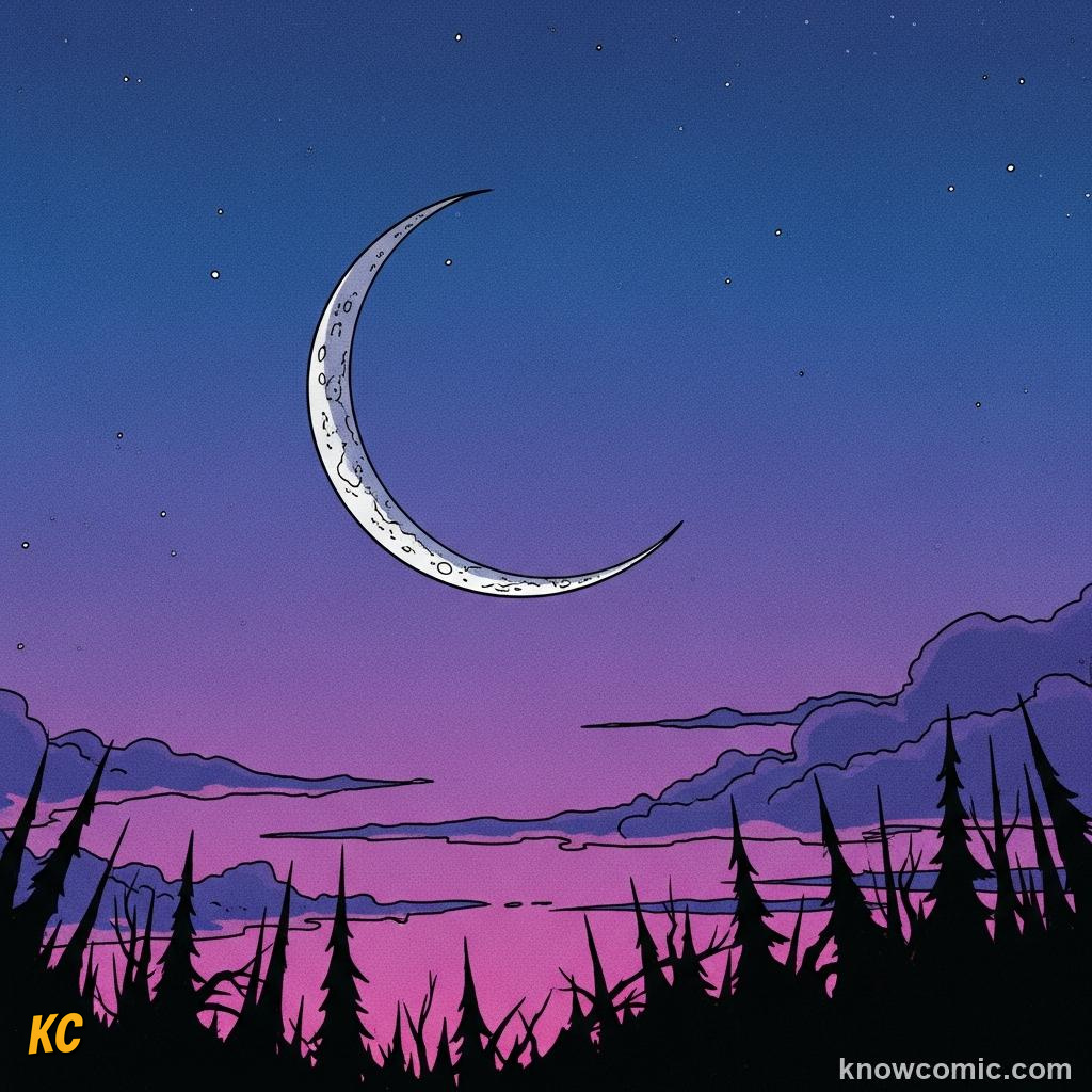 Crescent moon as a thin sunlit sliver just after new moon phase