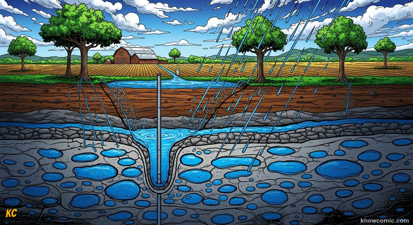 Groundwater aquifer filling underground rock layers fed by rainfall soaking in