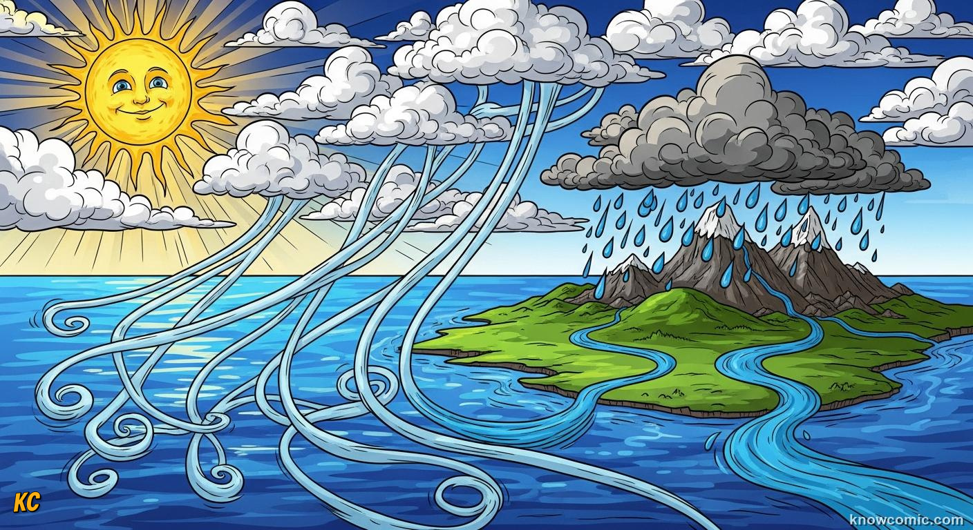 Water cycle diagram showing evaporation clouds rain and snow returning to Earth