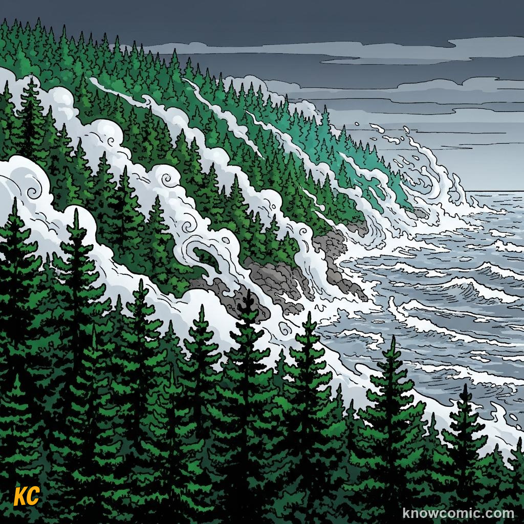 Coastal fog dew and mist with forests exhaling water vapour into air