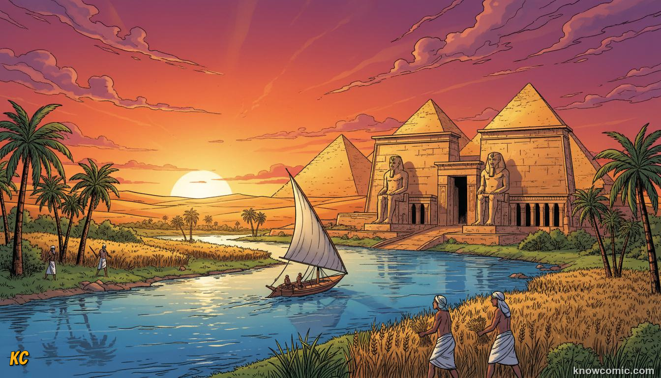 The Nile River flooding the desert and depositing rich black silt to create fertile farmland in Ancient Egypt