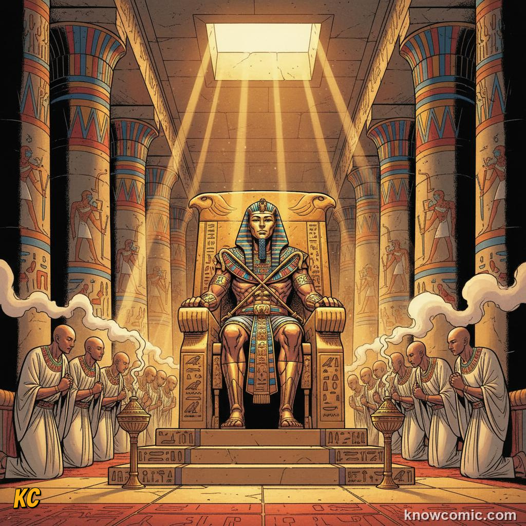 An Egyptian pharaoh depicted as a living god commanding the annual flooding of the Nile