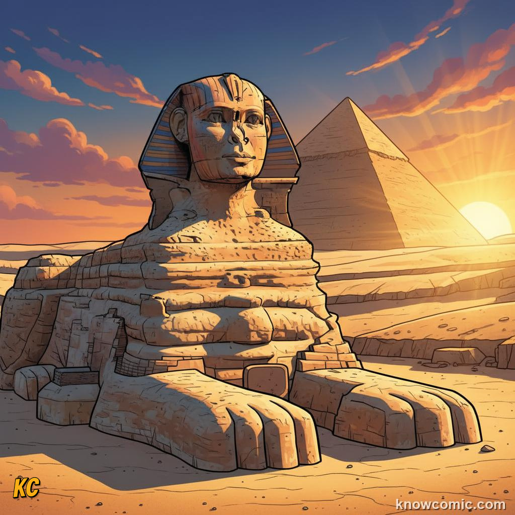The Great Sphinx of Giza with a lion body and the face of Pharaoh Khafre carved from a single block of rock
