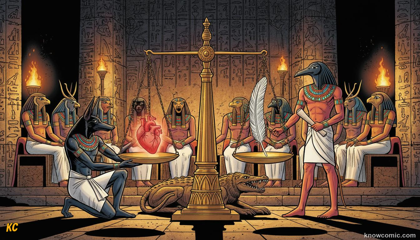 The Hall of Judgement: jackal-headed Anubis weighing a human heart against the feather of Maat