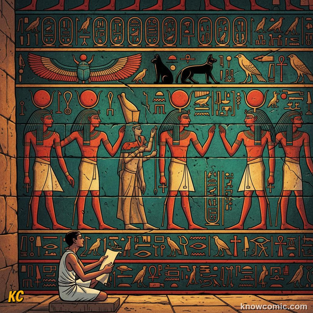 Egyptian hieroglyphs: picture-writing carved into temple walls using over 700 symbols, decoded with the Rosetta Stone