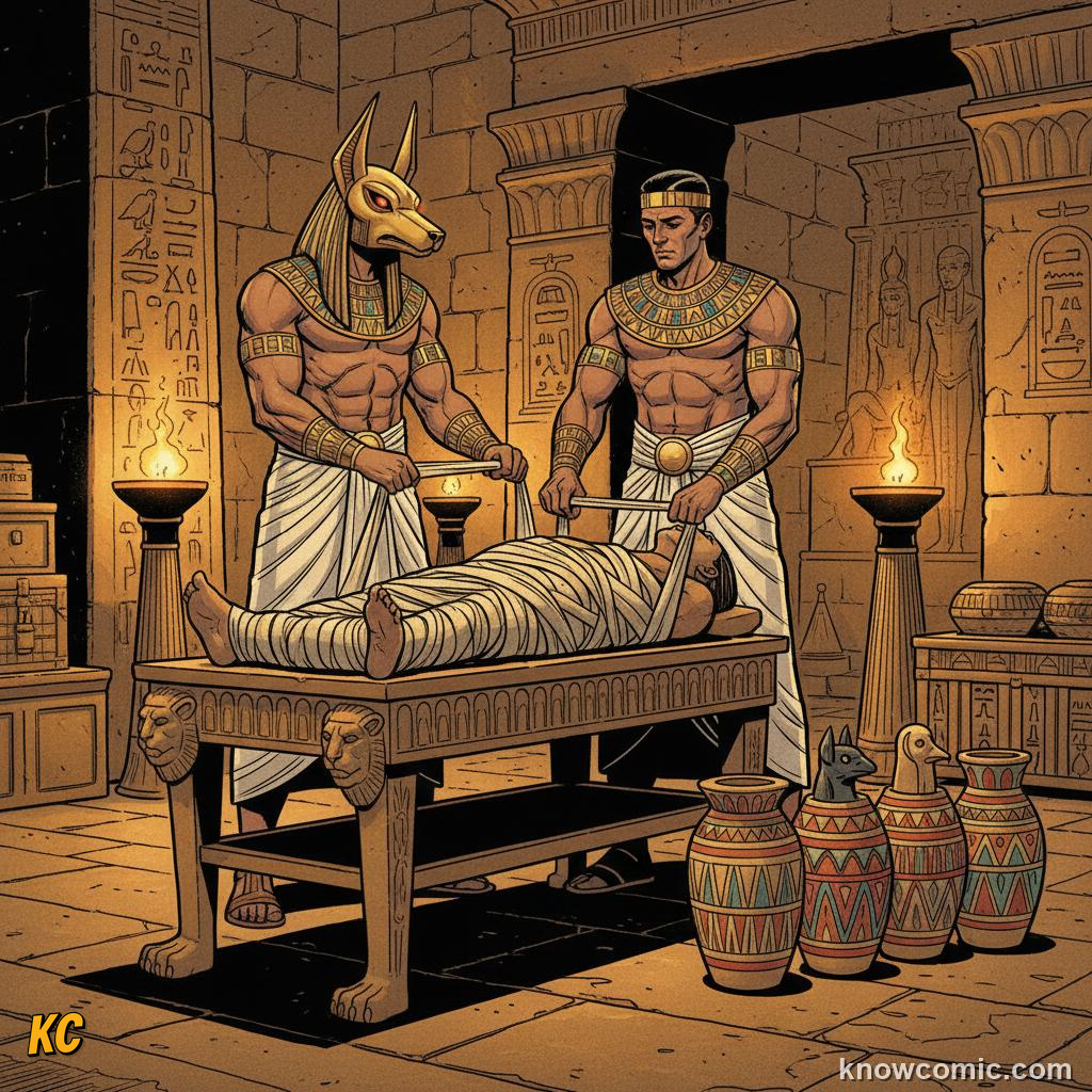 Ancient Egyptian mummification: a body dried in natron salt, wrapped in linen, with organs stored in canopic jars