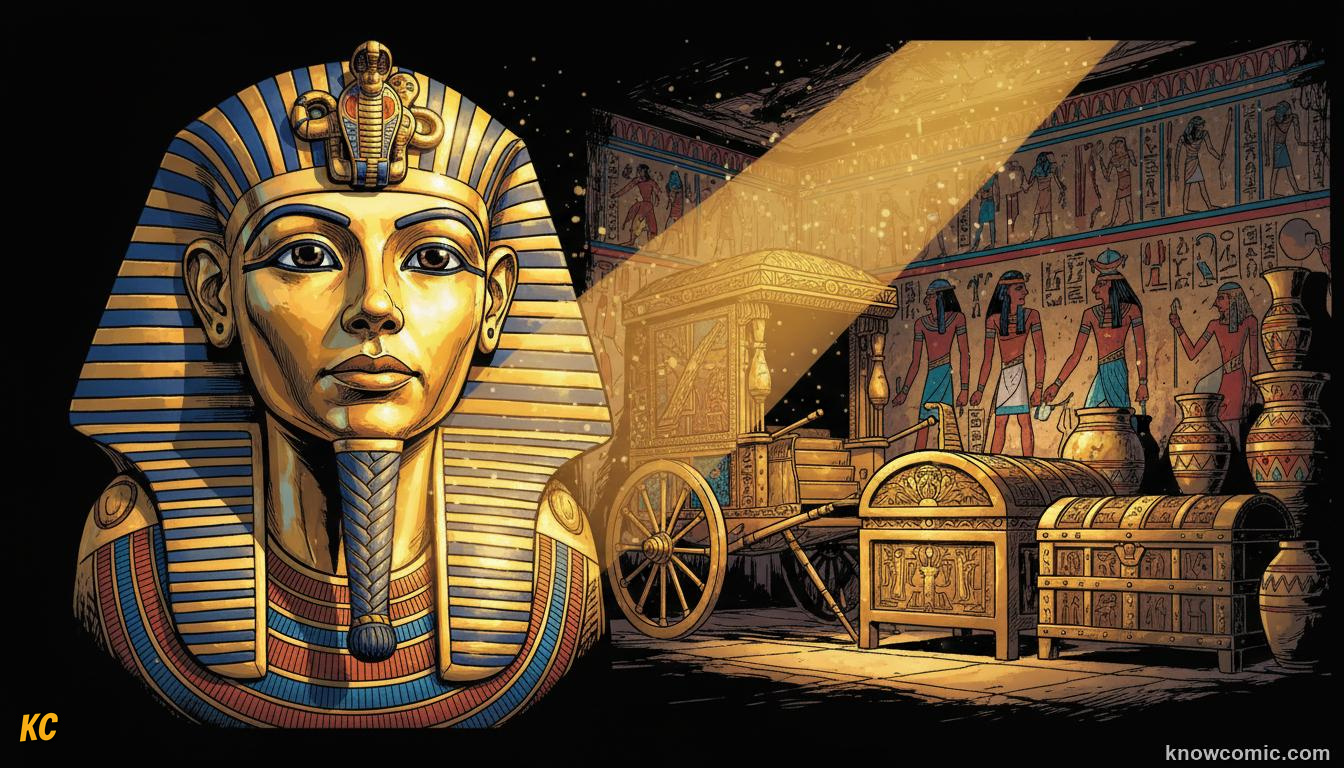 Howard Carter discovering Tutankhamun's golden tomb in the Valley of the Kings in 1922, packed with 5,000 treasures