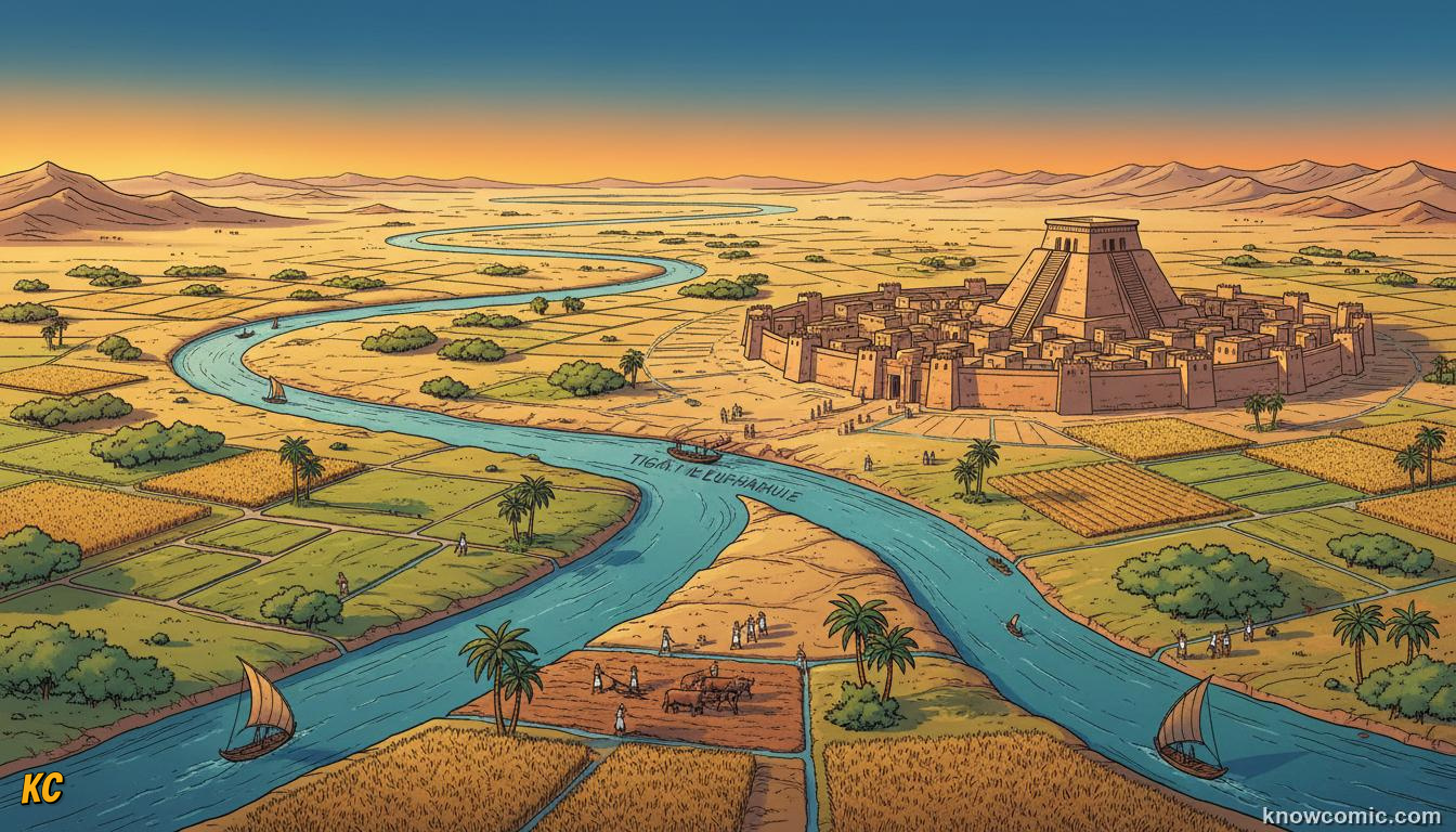 Ancient Mesopotamia with Tigris and Euphrates rivers flowing through fertile farmland