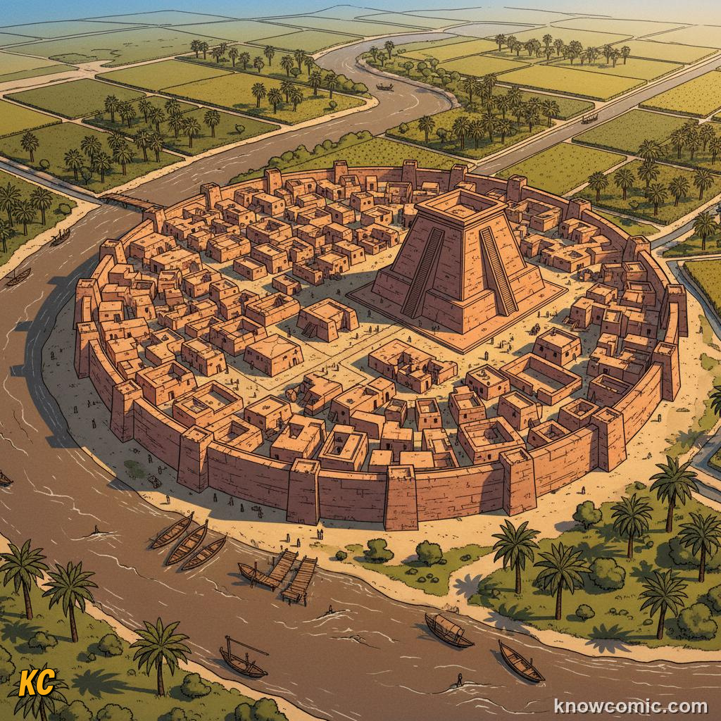 Ancient city of Uruk with sun-dried mud brick walls and early Sumerian architecture