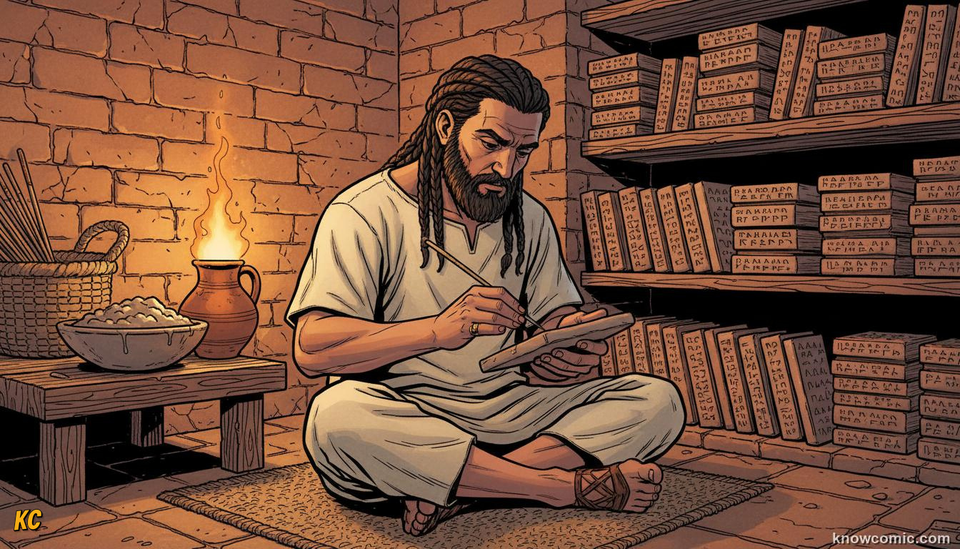 Sumerian scribe pressing a reed stylus into a wet clay tablet creating cuneiform writing