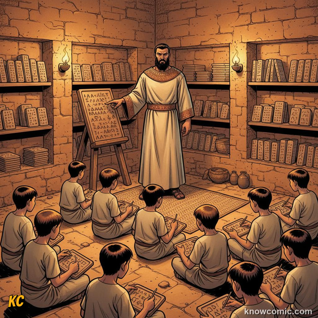 Sumerian scribe school with boys learning to write cuneiform on clay tablets