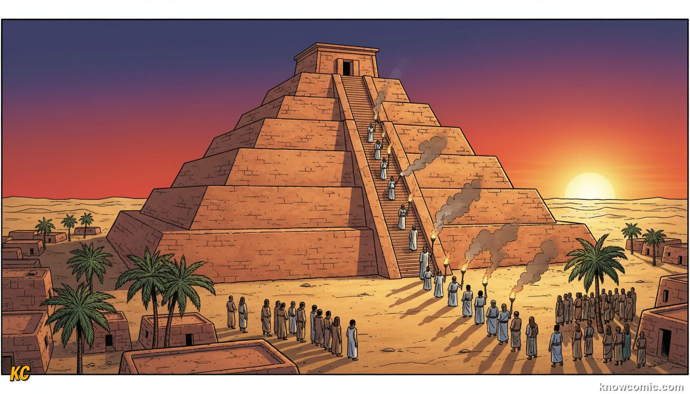 The Great Ziggurat of Ur, a massive stepped mud-brick temple towering above the city