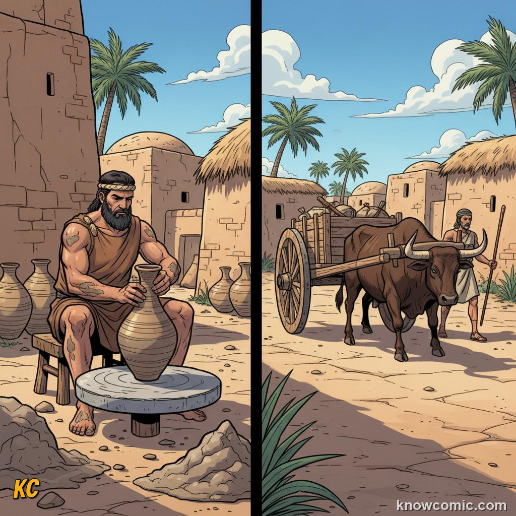 Early Mesopotamian wooden wheel attached to an ox-cart crossing the plains