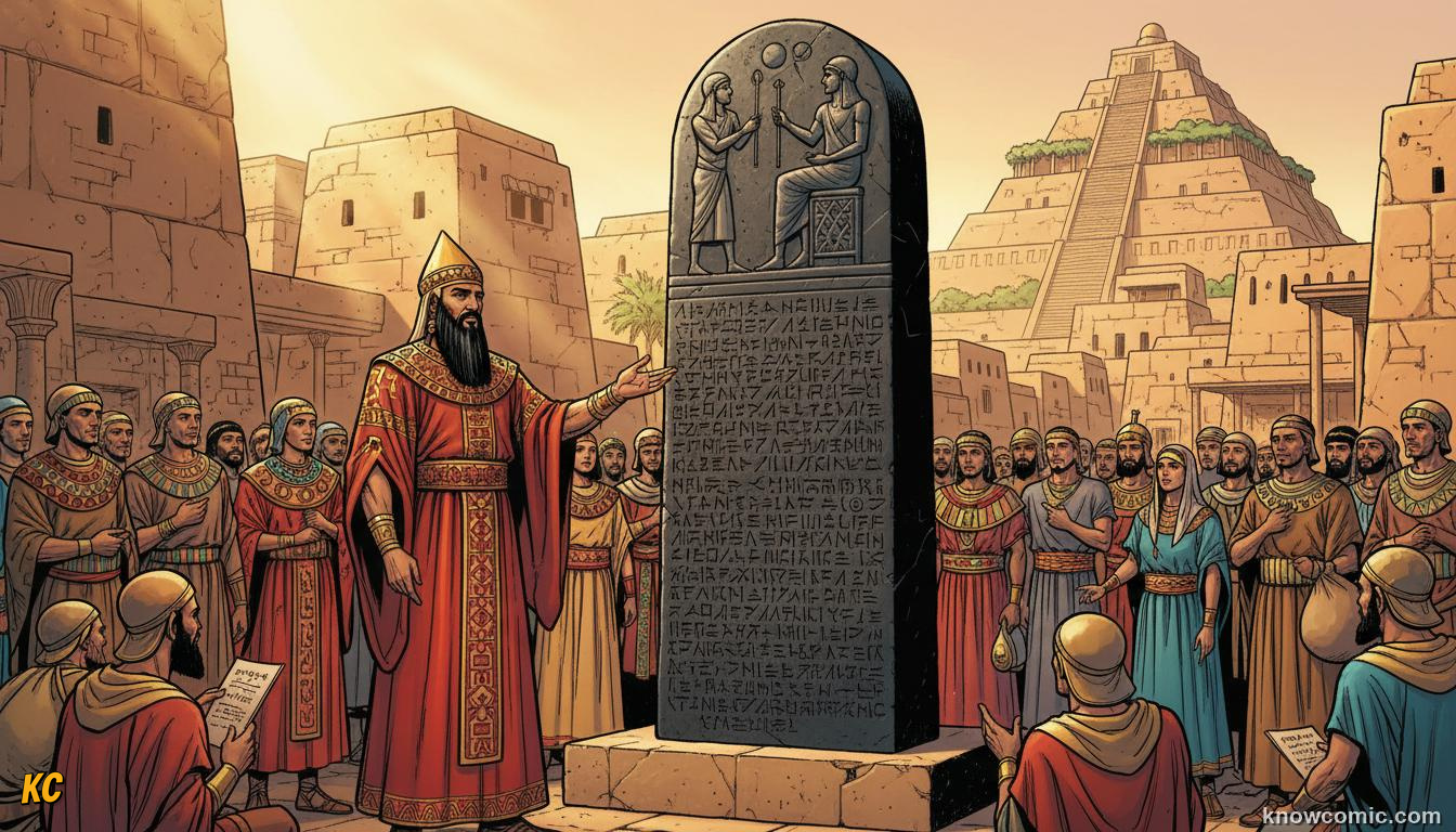 King Hammurabi of Babylon presenting 282 laws carved on a tall black stone stele