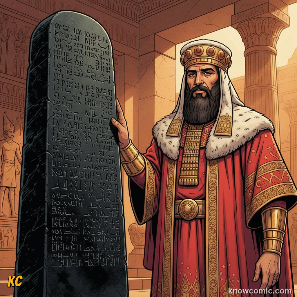 Hammurabi standing beside his law stele representing justice and written order