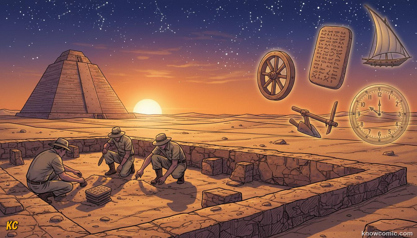Visual collage of Mesopotamian inventions including the wheel, writing, and the plough