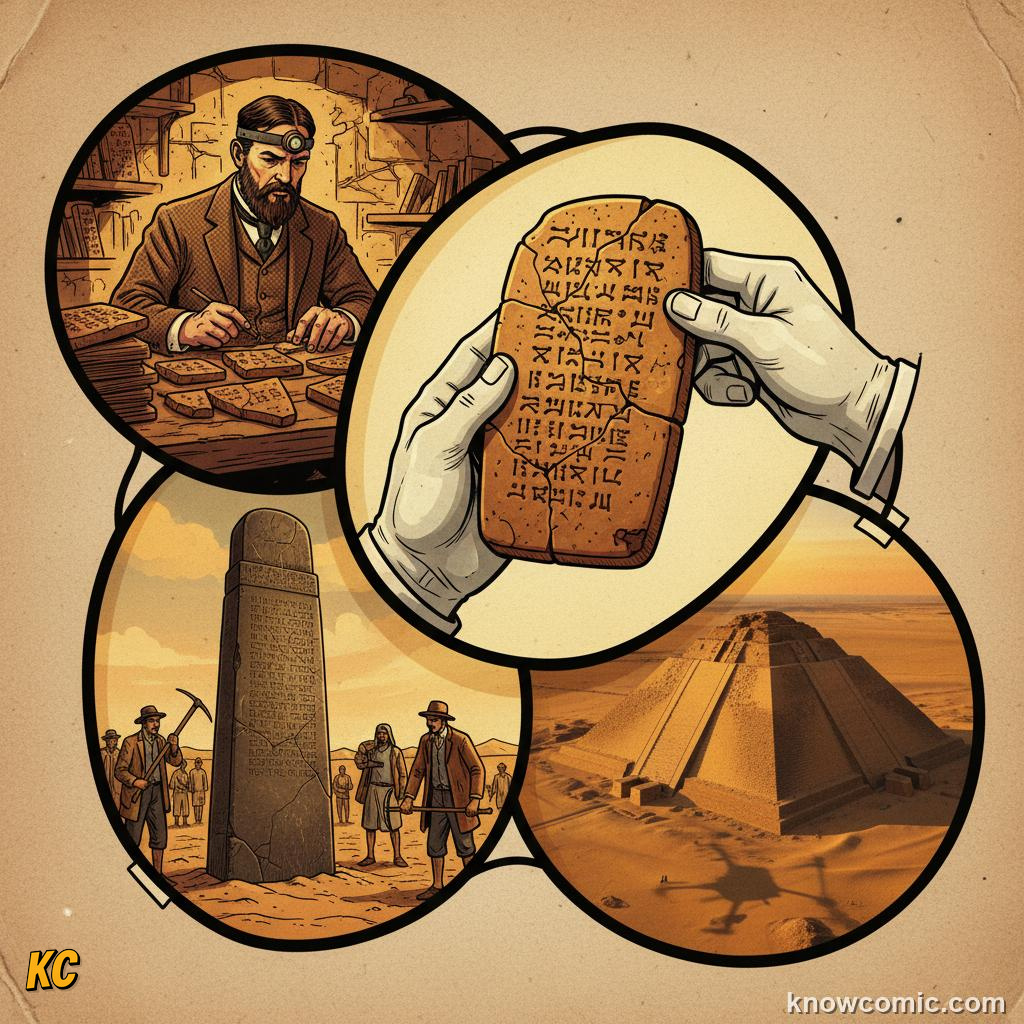 Archaeologists excavating ancient Mesopotamian ruins and discovering cuneiform tablets