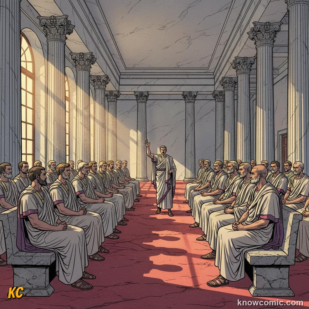 Roman senators in white togas debating law in the Senate chamber in 509 BCE