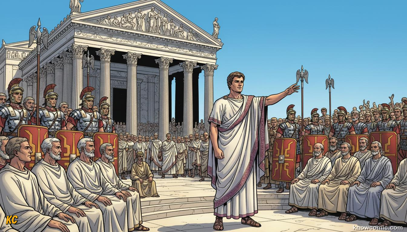 Julius Caesar leading armoured Roman legions across the Rubicon river into Rome