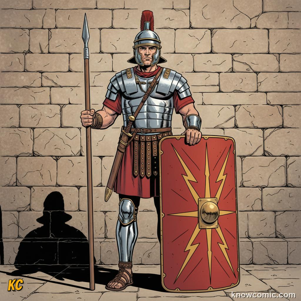 Roman legionary soldier in red tunic and iron armour holding a shield and gladius sword