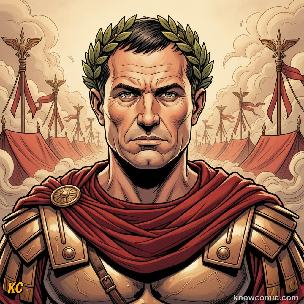 Julius Caesar in military uniform addressing his troops before the Senate betrayal