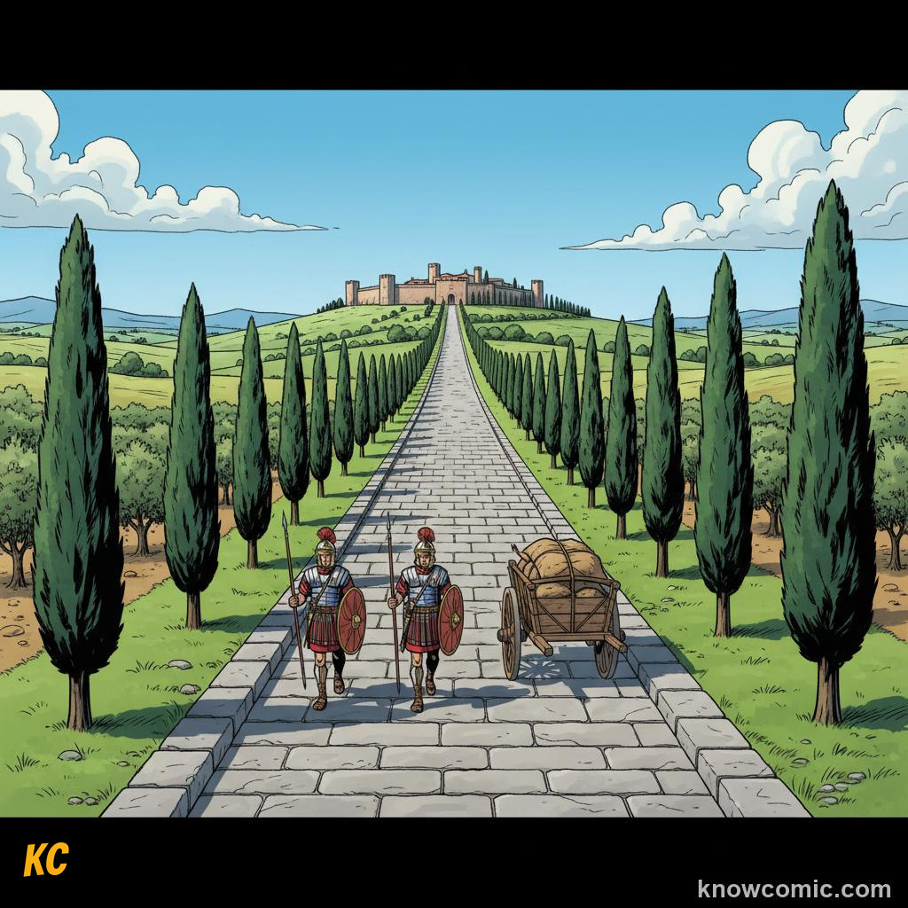 Straight Roman road of layered gravel and paving stones stretching across the empire