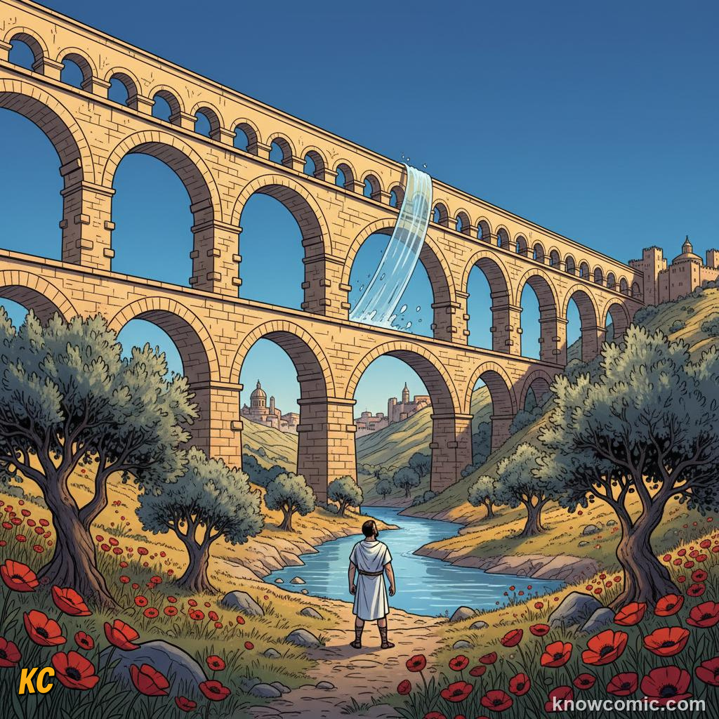 Roman stone aqueduct arches carrying fresh water across a wide valley by gravity