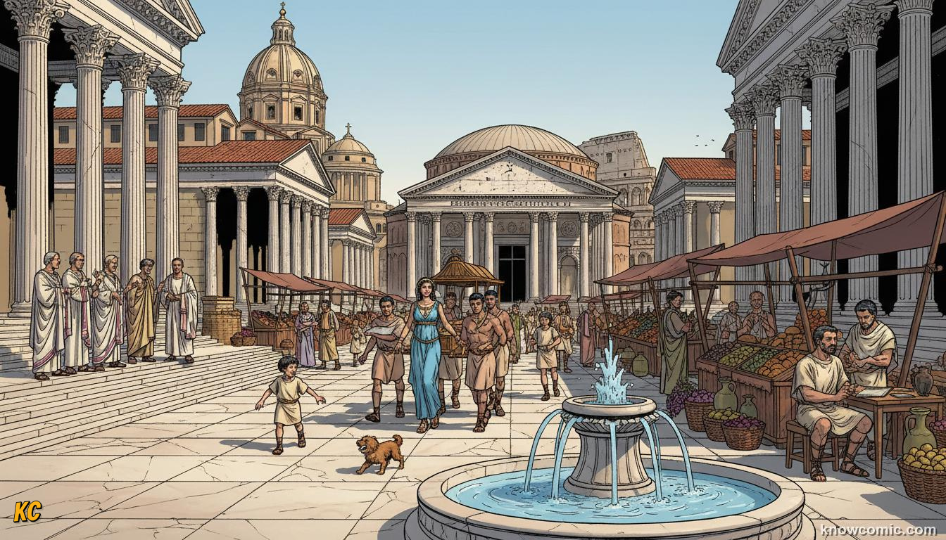 Busy ancient Rome street with toga-clad senators, merchants, and fountains in the Forum