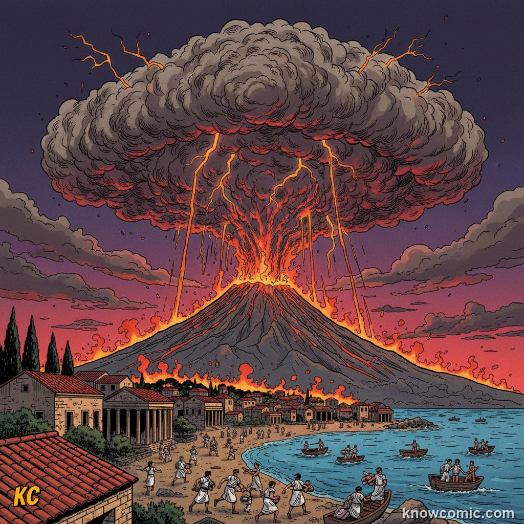 Mount Vesuvius erupting violently over Pompeii covering the city in ash in 79 CE