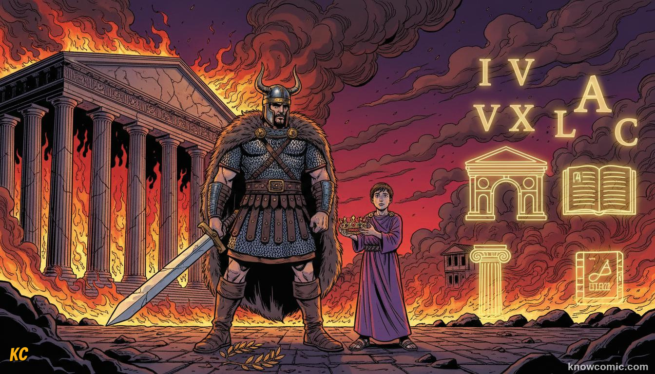 Germanic tribes invading a burning Rome as the Western Roman Empire collapses in 476 CE