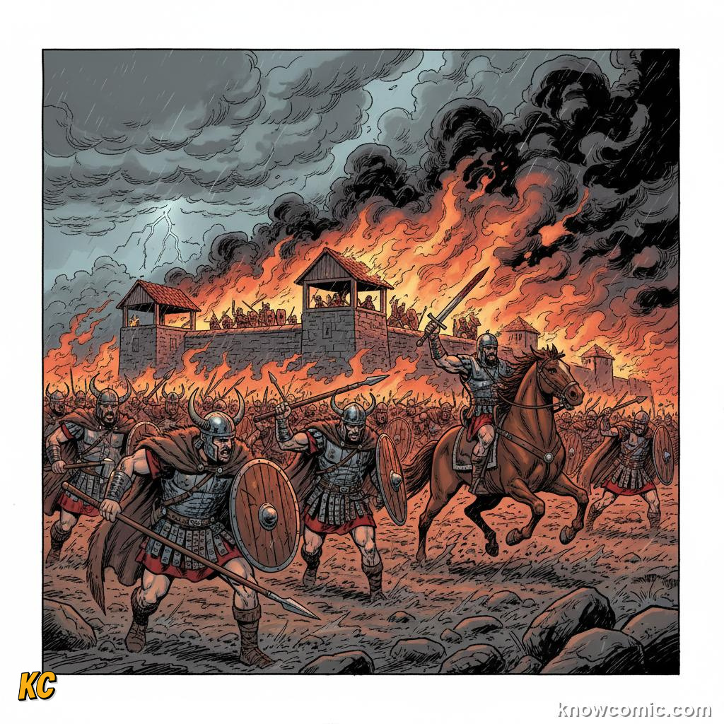 Visigoth and Vandal warriors sacking and looting the city of Rome in the 5th century