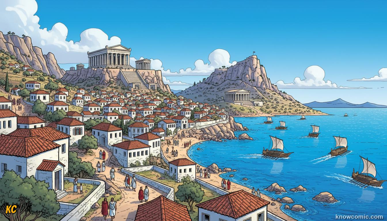 Rocky Greek peninsulas and Aegean islands dotted with independent city-state settlements