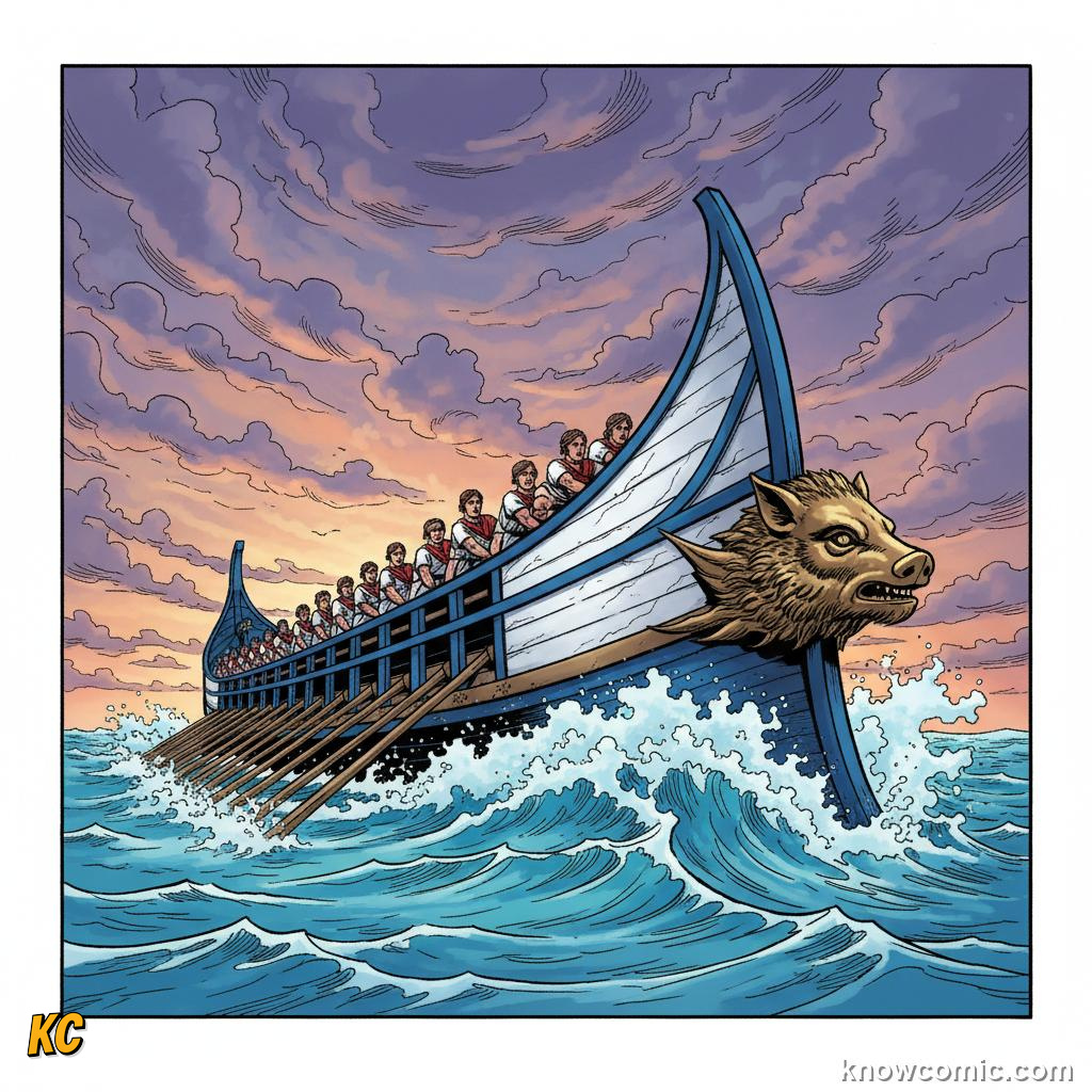 Greek trireme warship with three banks of oars and a bronze battering ram on the prow