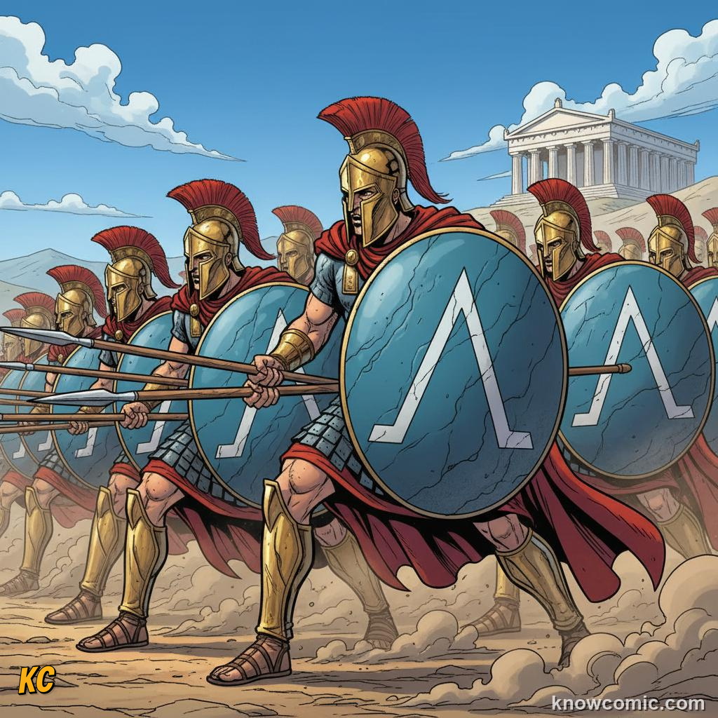Spartan hoplite warrior in bronze helmet and round shield in a tight phalanx formation